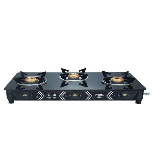 Preethi Alya Glass Top Gas Stove 3 Burner With Bati Stand Black GTS 413 