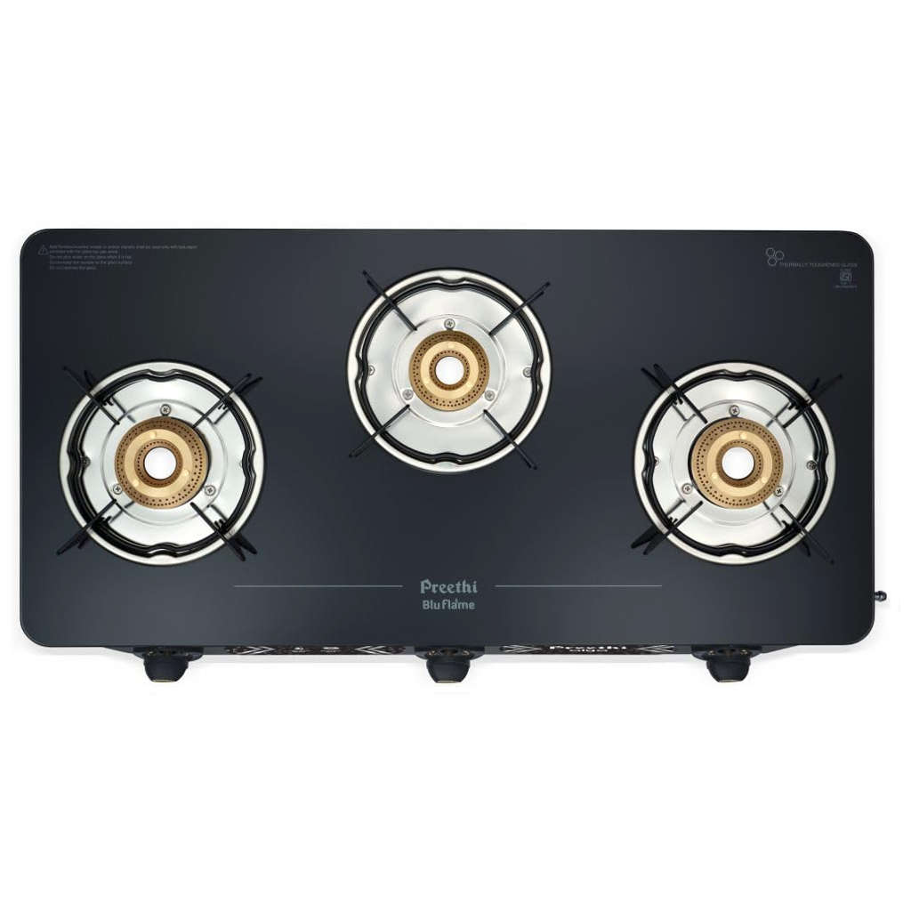 Preethi Alya Glass Top Gas Stove 3 Burner With Bati Stand Black GTS 413