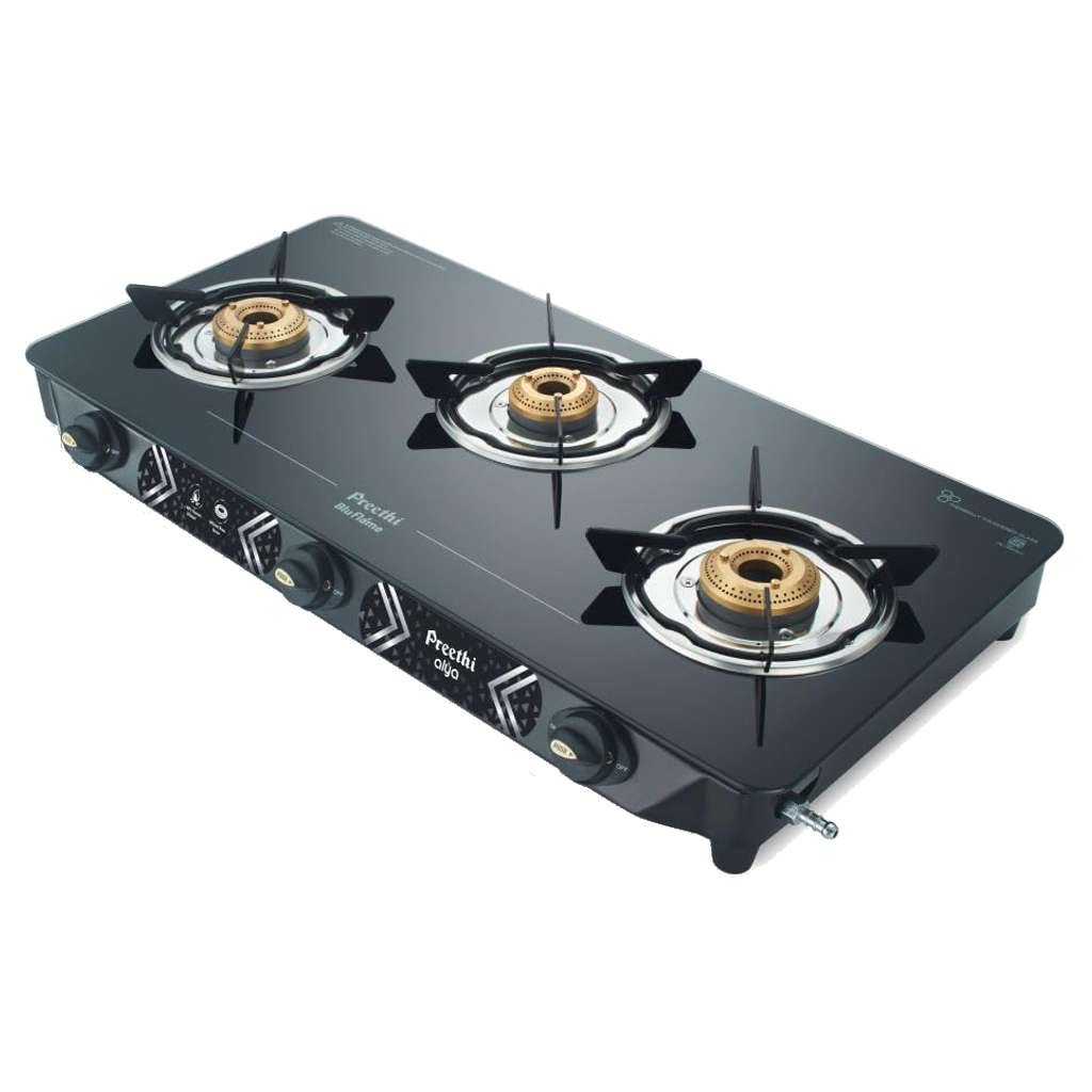 Preethi Alya Glass Top Gas Stove 3 Burner With Bati Stand Black GTS 413