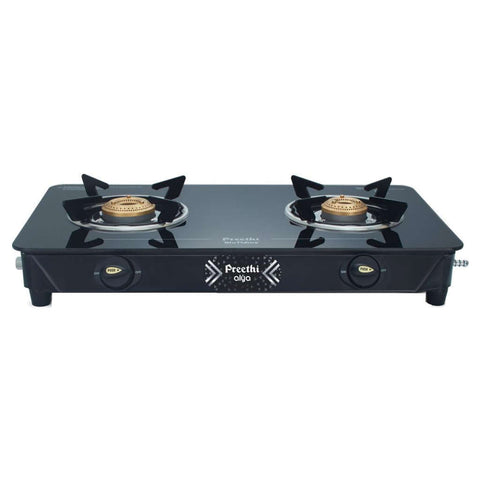 Preethi Alya Glass Top Gas Stove 2 Burner With Bati Stand Black GTS 411 