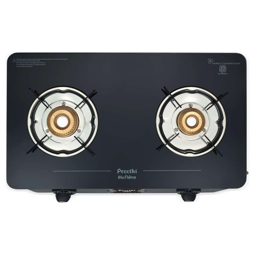 Preethi Alya Glass Top Gas Stove 2 Burner With Bati Stand Black GTS 411