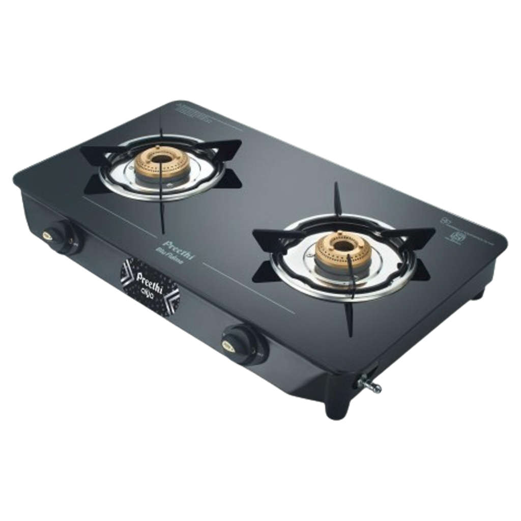 Preethi Alya Glass Top Gas Stove 2 Burner With Bati Stand Black GTS 411