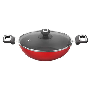 Preethi Dura Collection Non Stick Kadai Induction Base With Glass Lid 26cm Red CSW033 