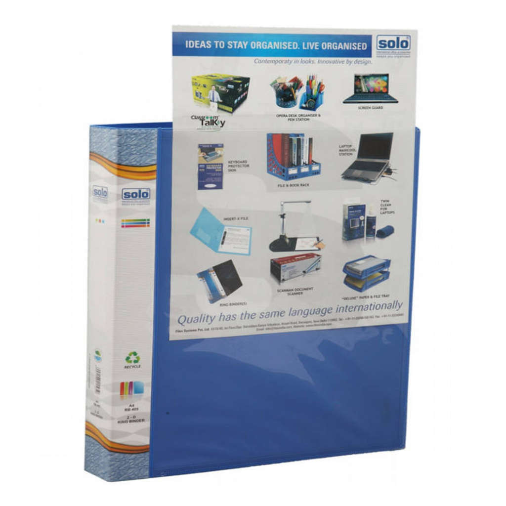 Solo Ring Binder-2-D-Ring With front view Pocket Blue A4 RB 405