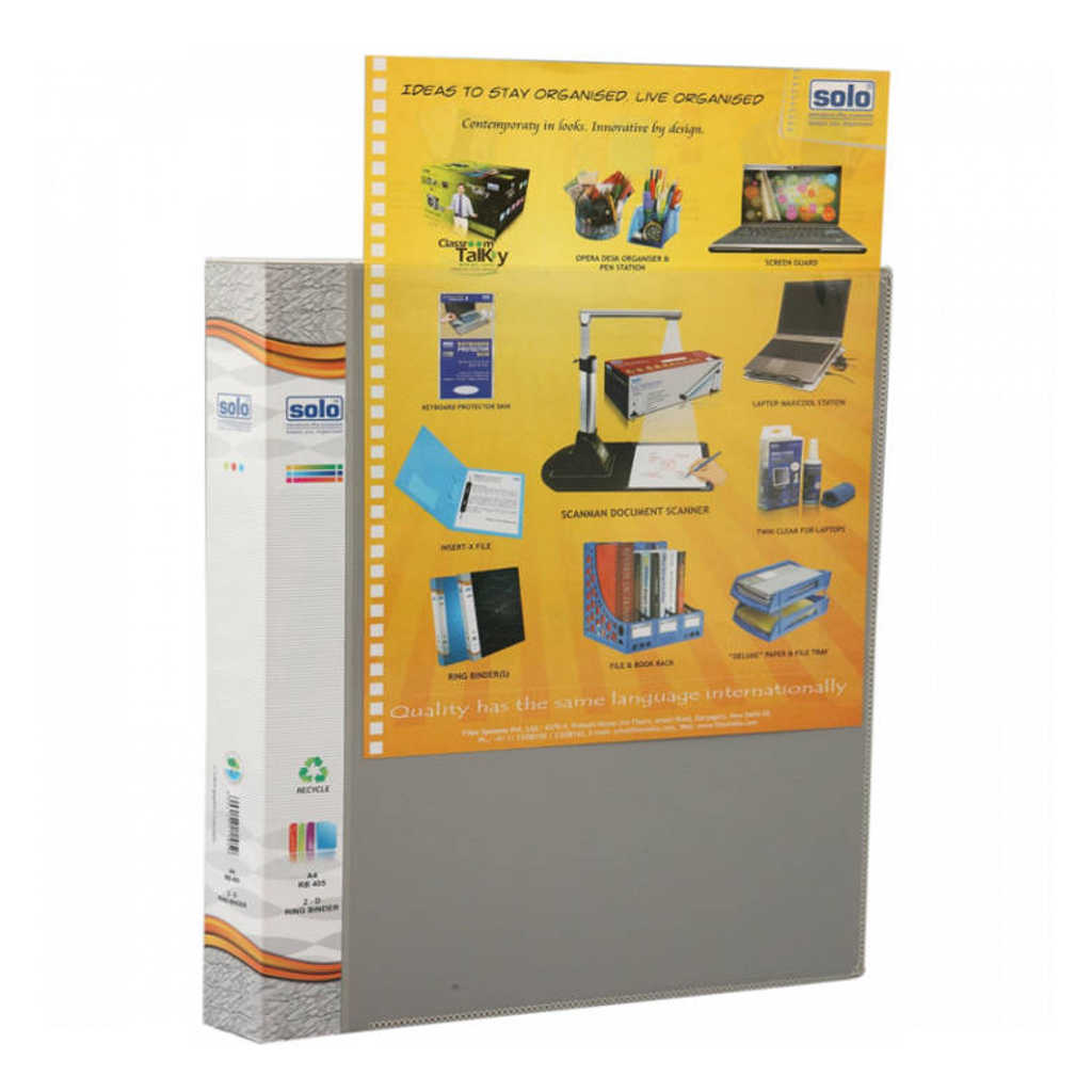 Solo Ring Binder-2-D-Ring With front view Pocket Grey A4 RB 405