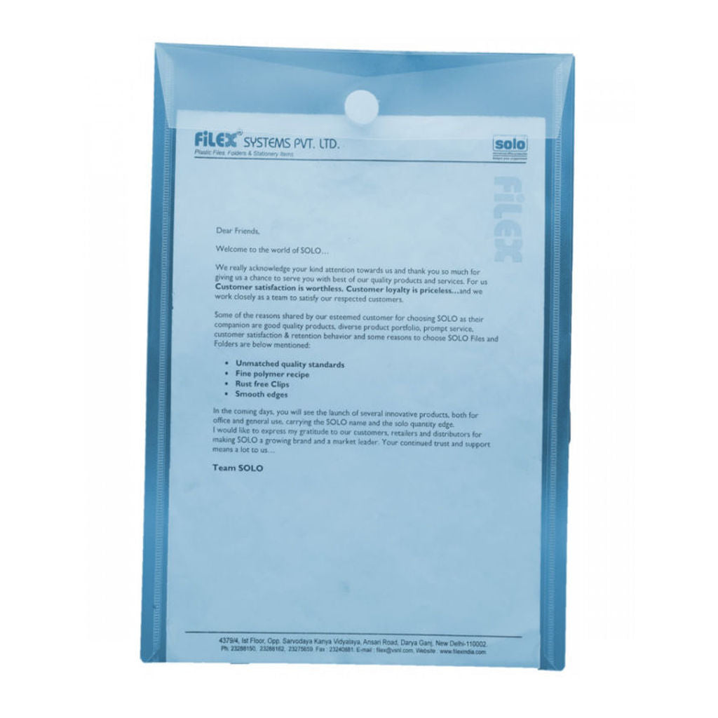 Solo Document Bag With Velcro Closure Transparent Blue A4 CH 109 