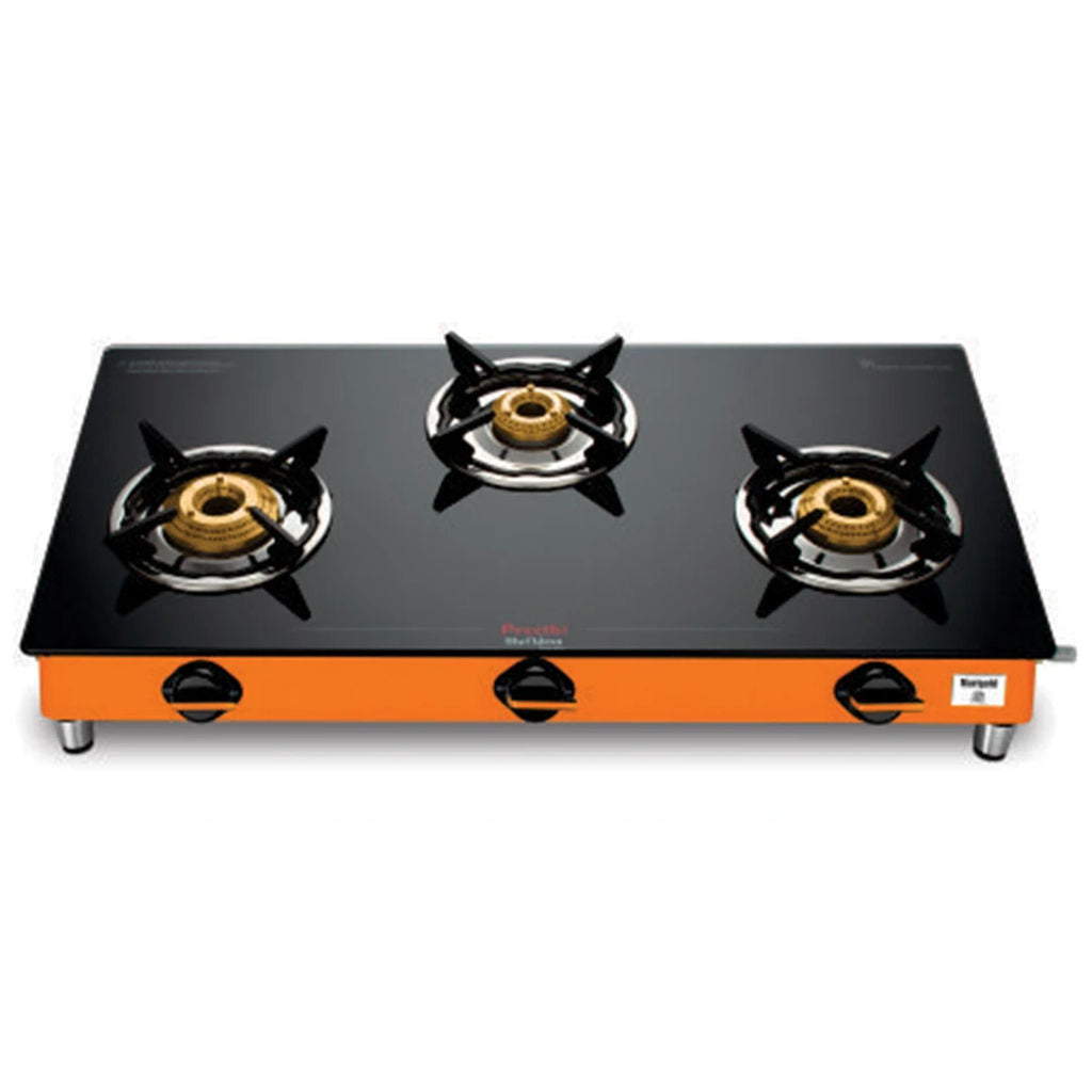 Preethi Sparkle Marigold 3 Burner Glass Top Gas Stove GTS125 