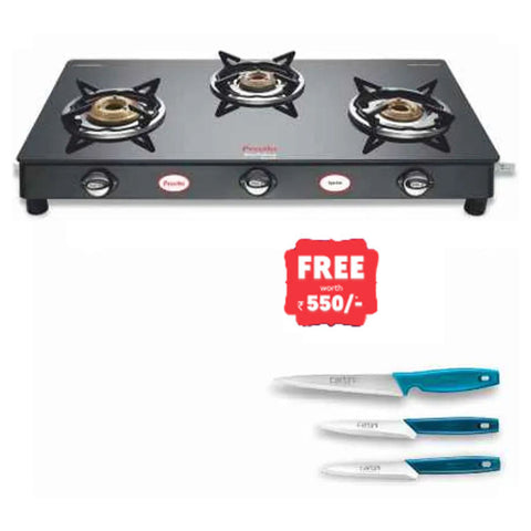 Buy Preethi Blu Flame Sparkle Glass Top Gas Stove 3 Burner GTS104 And Get Free Godrej Cartini Knife Online at Bestomart