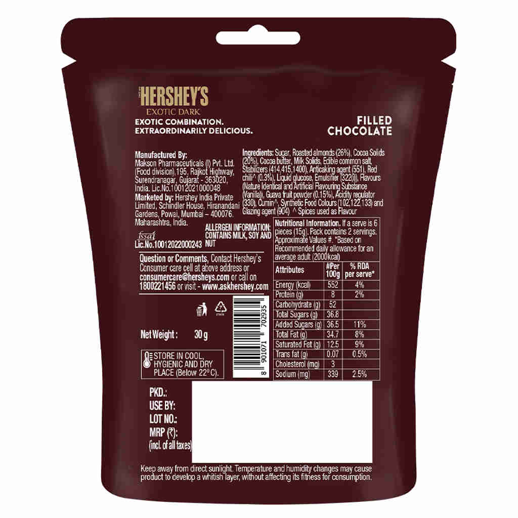 Hersheys Exotic Dark Californian Almonds Sprinkled With Blackberry Chocolate 30g