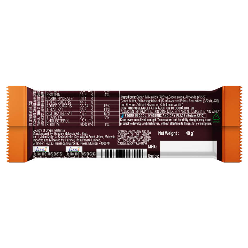 Hersheys Whole Almonds Bar Chocolate 40g