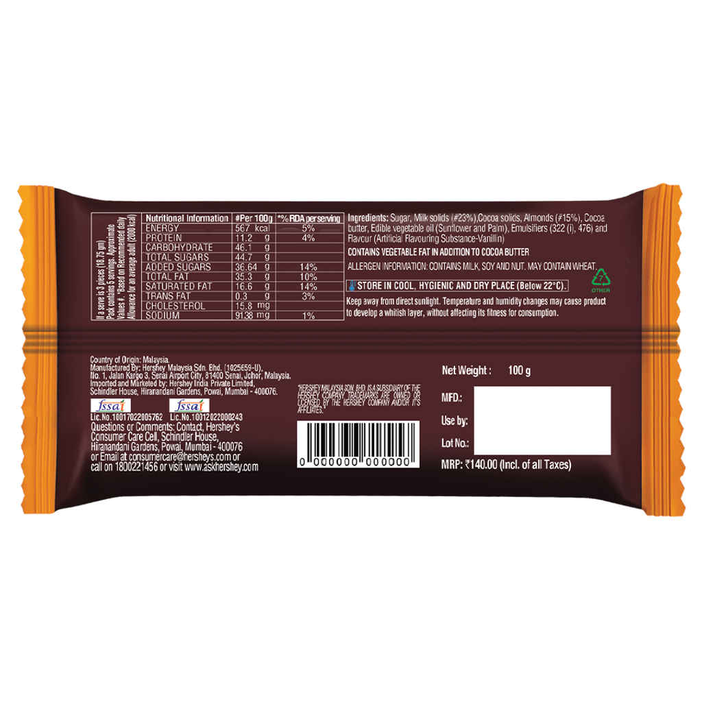 Hersheys Whole Almonds Bar Chocolate 100g