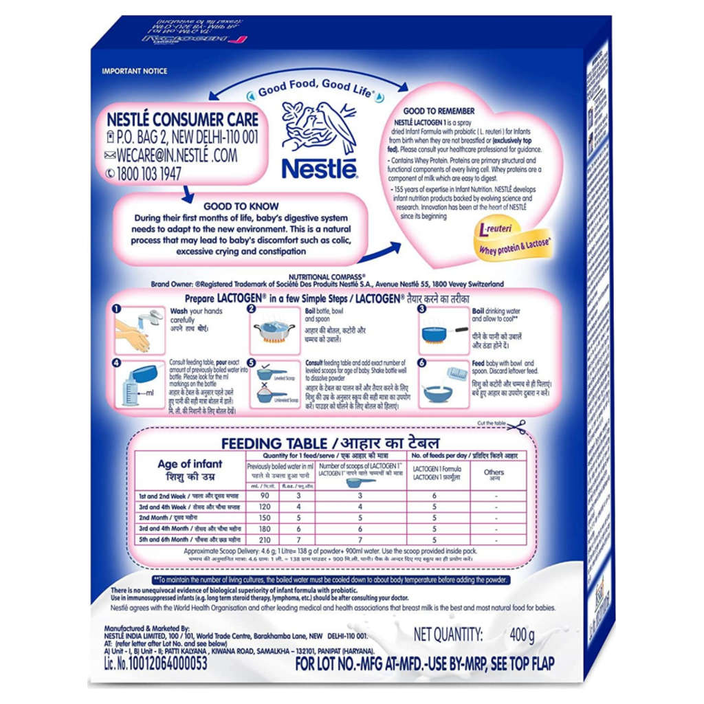 Nestle Lactogen 1 Stage Infant Formula Powder Upto 6 Months 400g Bag-In-Box Pack