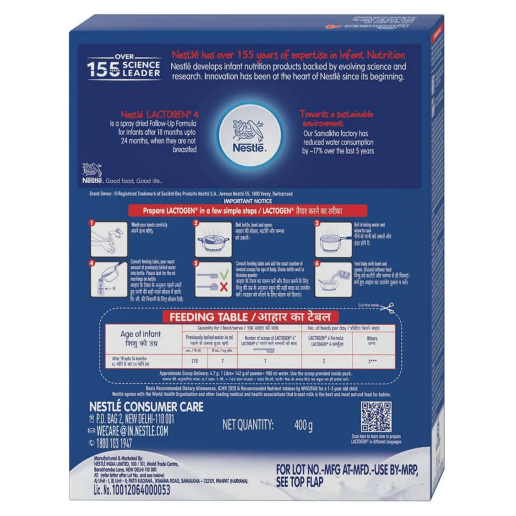 Nestle Lactogen 4 Stage Follow-Up Formula Powder After 18 Upto 24 Months 400g Bag-In-Box Pack