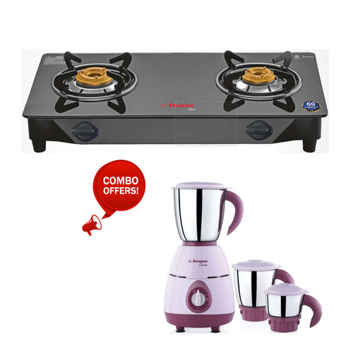 Premier Glow Glass Top Gas Stove 2 Burner Black + Premier Carina Mixer Grinder 500W MG-5133 