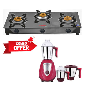 Premier Glow Glass Top Gas Stove 3 Burner Black + Premier Amiga Mixer Grinder 750W MG5142 