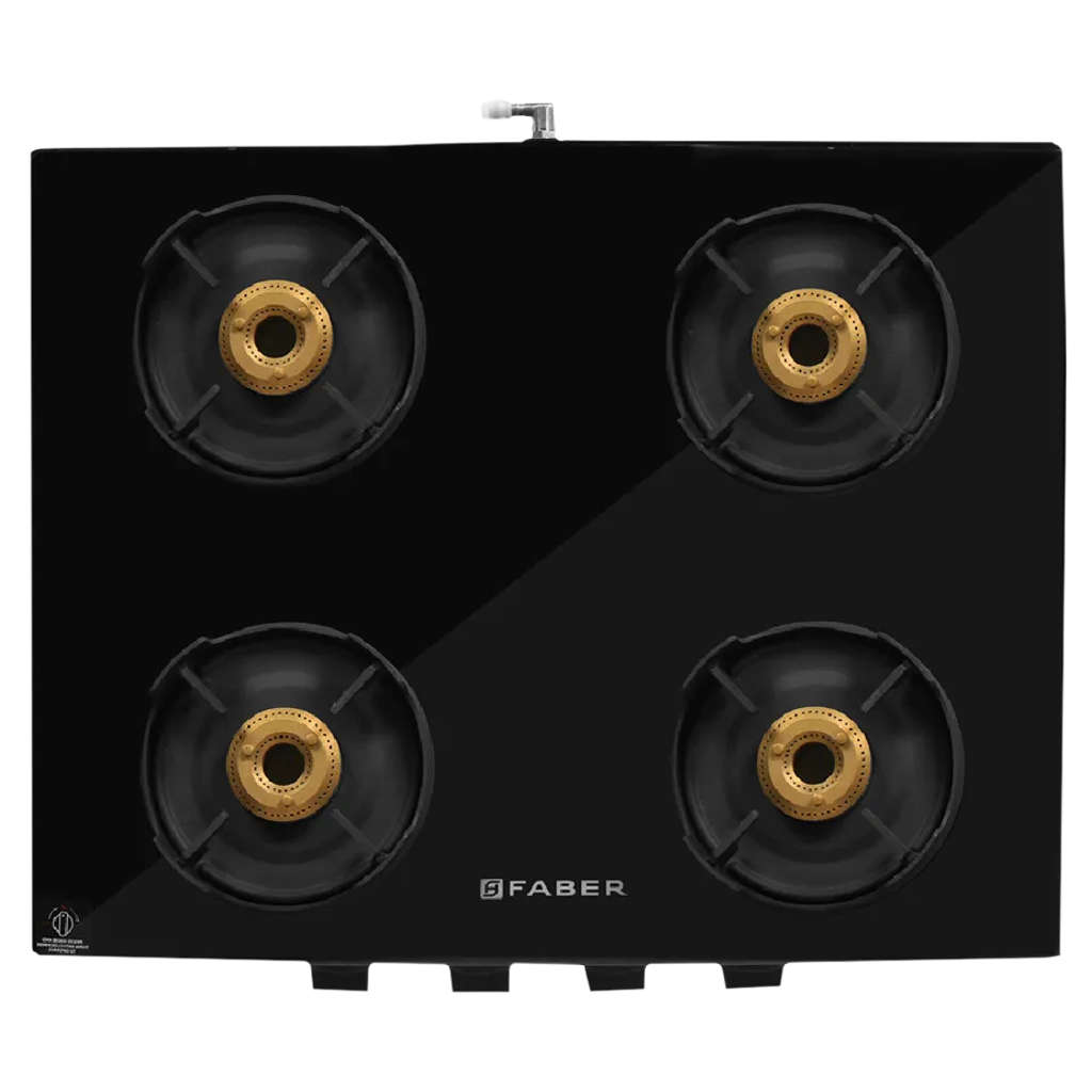 Faber Onyx BK CI Glass Top Gas Stove 4 Brass Burner