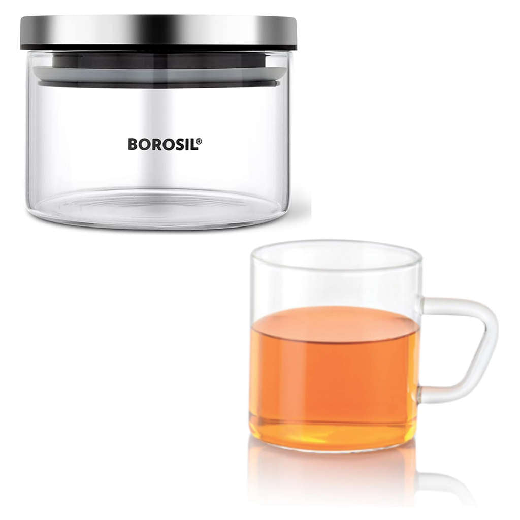 Borosil Classic Jar With Stainless Steel Lid 2 Pcs And Classic Mug 6 Pcs (300ml + 190ml) BCJRSSCM190 