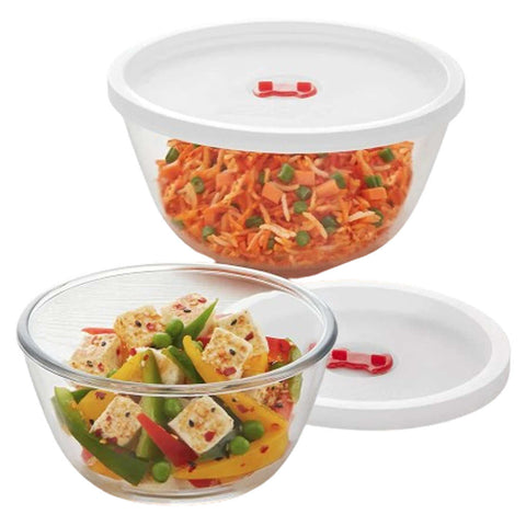 Borosil Mixing & Serving Glass Bowl With White Lid Set Of 2 (350ml + 350ml) IYLMBPL2350 