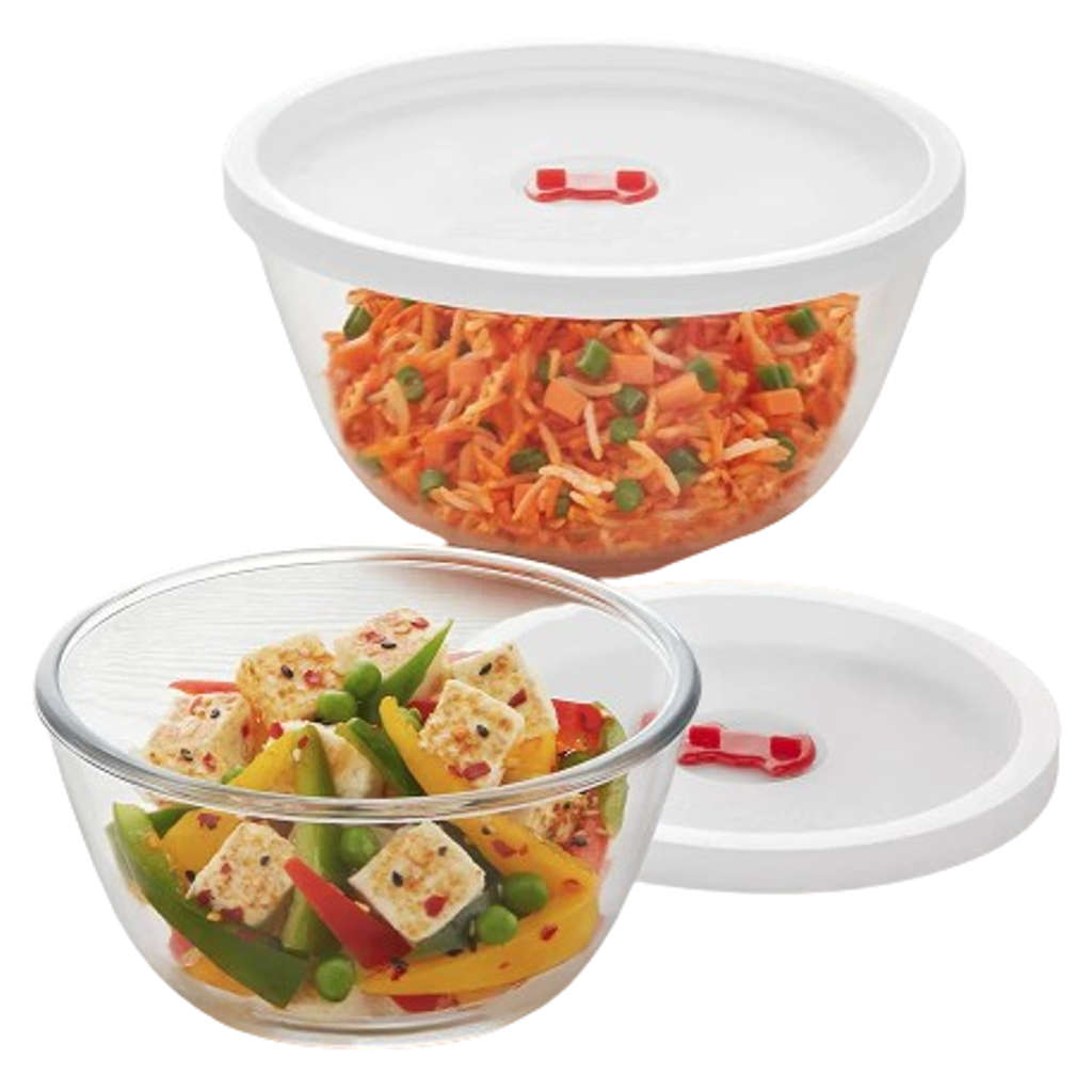 Borosil Mixing & Serving Glass Bowl With White Lid Set Of 2 (900ml + 900ml ) IH22MB01290 