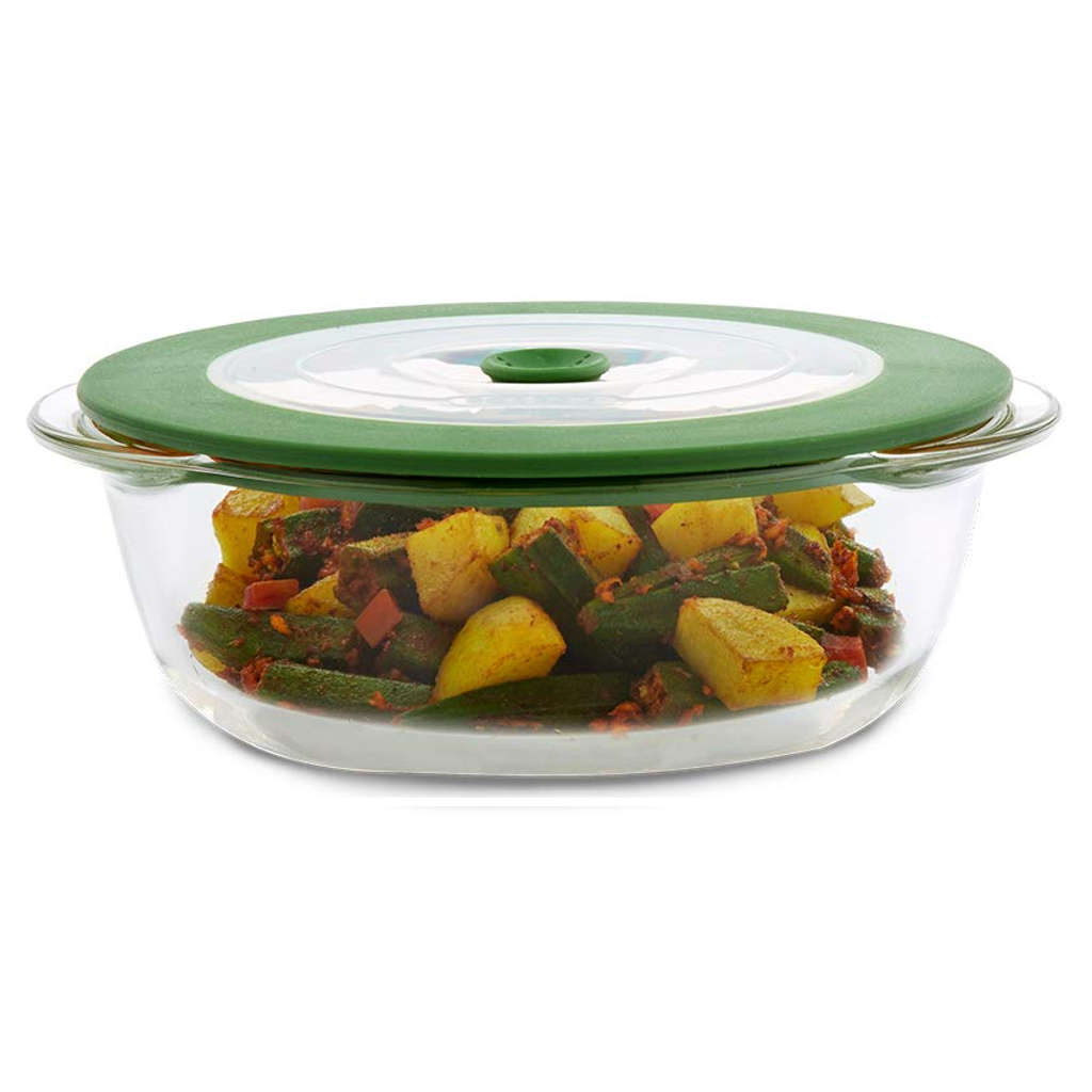 Borosil Round Glass Dish With Green Lid 1 Litre IYRNGRL1000 