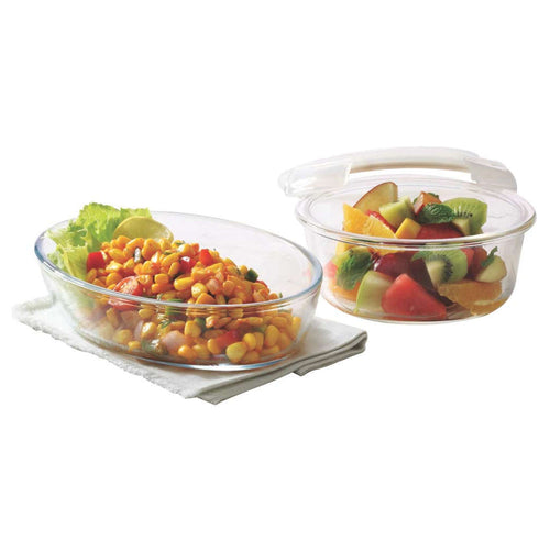 Borosil Klip N Store Round Glass Storage Container & Oval Dish (620ml + 700ml) ICYSET2002T 