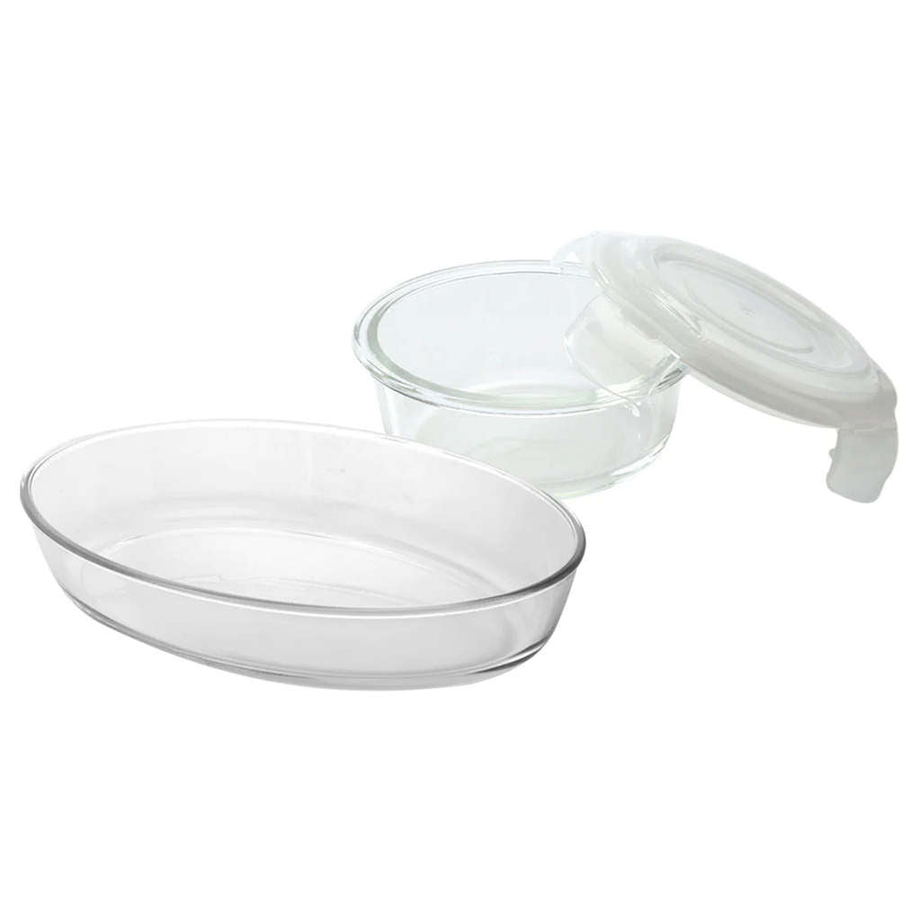 Borosil Klip N Store Round Glass Storage Container & Oval Dish (620ml + 700ml) ICYSET2002T