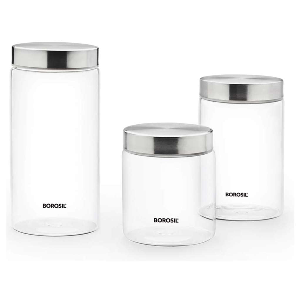 Borosil Endura Airtight Glass Storage Jar With Stainless Steel Lid Set Of 3 (750ml + 1Litre + 1.3Litre) BVVGJRS3713