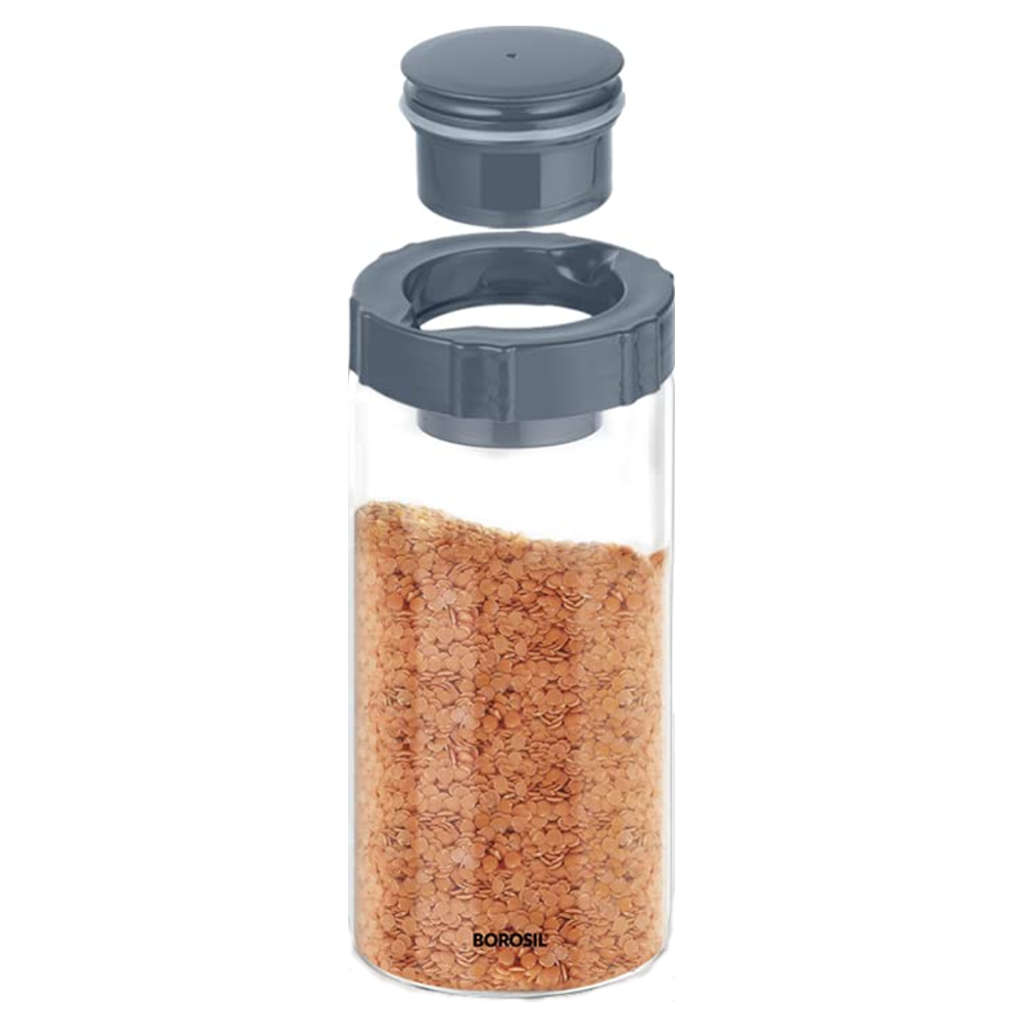 Borosil EasyScoop Endura Airtight Glass Storage Jar With PP Gray Lid 1.2 Litre BVGJESP1200