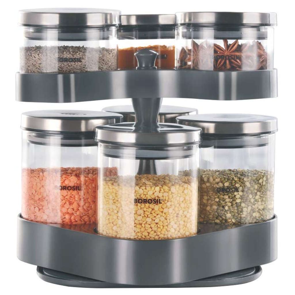 Borosil Spin N Store Tray With Classic Storage Jar Set Of 7 (300ml + 600ml) BVSPST06037 