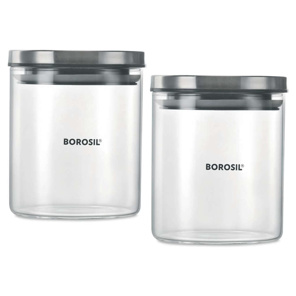 Borosil Classic Glass Storage Jar With Wooden Tray Set Of 2 600 ml BCLJRWT2600