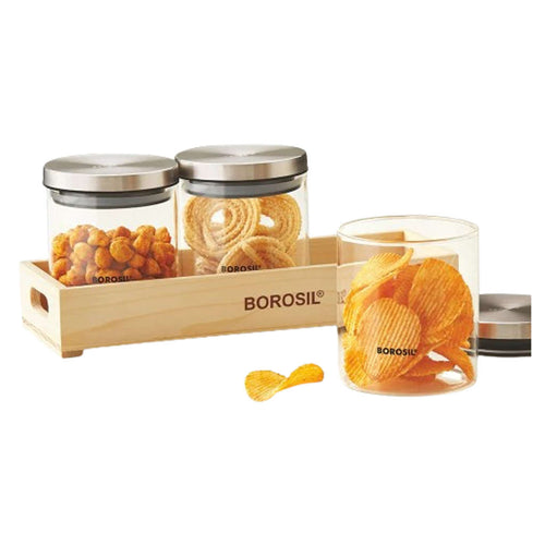 Borosil Classic Glass Storage Jar With Wooden Tray Set Of 3 600 ml BCLJRWT3600 