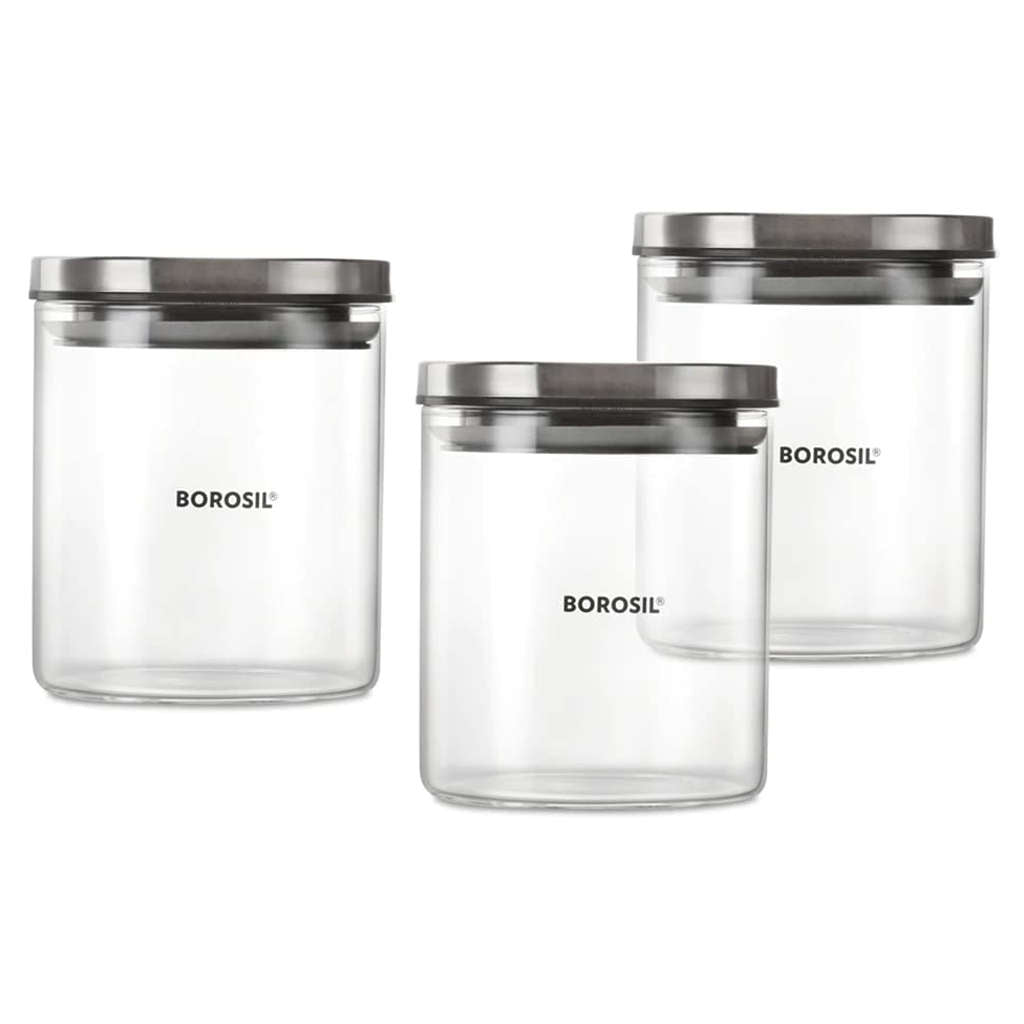 Borosil Classic Glass Storage Jar With Wooden Tray Set Of 3 600 ml BCLJRWT3600