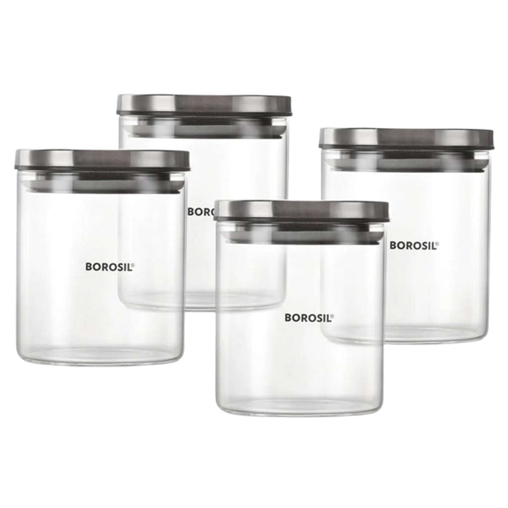 Borosil Classic Glass Storage Jar With Wooden Tray Set Of 4 600 ml BCLJRWT4600