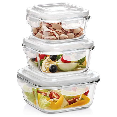 Borosil Klip N Store Square Glass Storage Container Set Of 3 (320ml + 520ml + 800ml) IYKNS03SQ01 