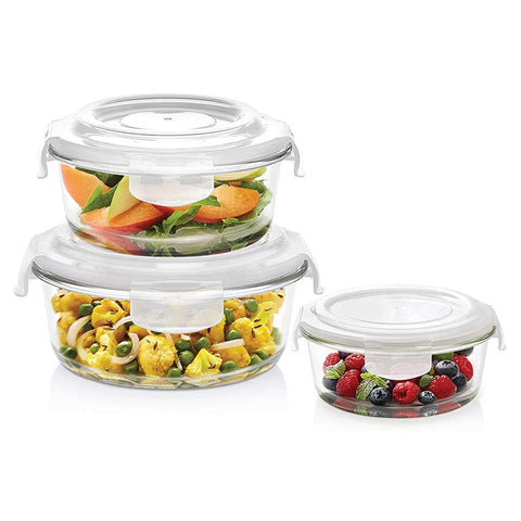 Borosil Klip N Store Round Glass Storage Container Set Of 3 (400ml + 620ml + 950ml) IYKNS03RN01 